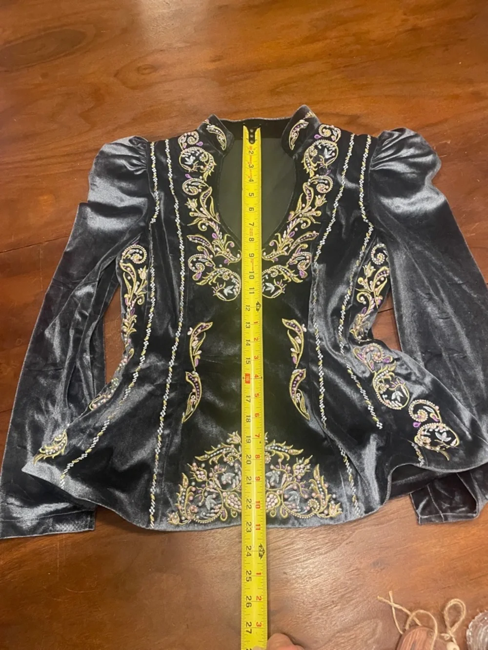 Charcoal Grey Velour Embroidered Jacket Puff Sleeve Boho Vintage Inspired  NWOT - Picture 6 of 9